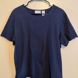 Alfred Dunner Navy Eyelet Short Sleeve Blouse